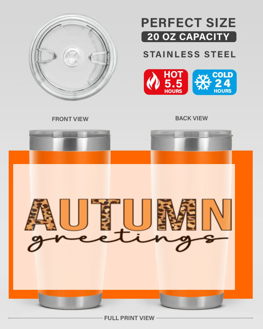 Autumn Greetings Tumbler featuring fall-themed design, double wall vacuum stainless steel, and a press-in drink-thru lid.