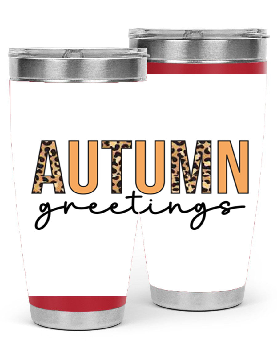 Autumn Greetings Tumbler featuring fall-themed design, double wall vacuum stainless steel, and a press-in drink-thru lid.