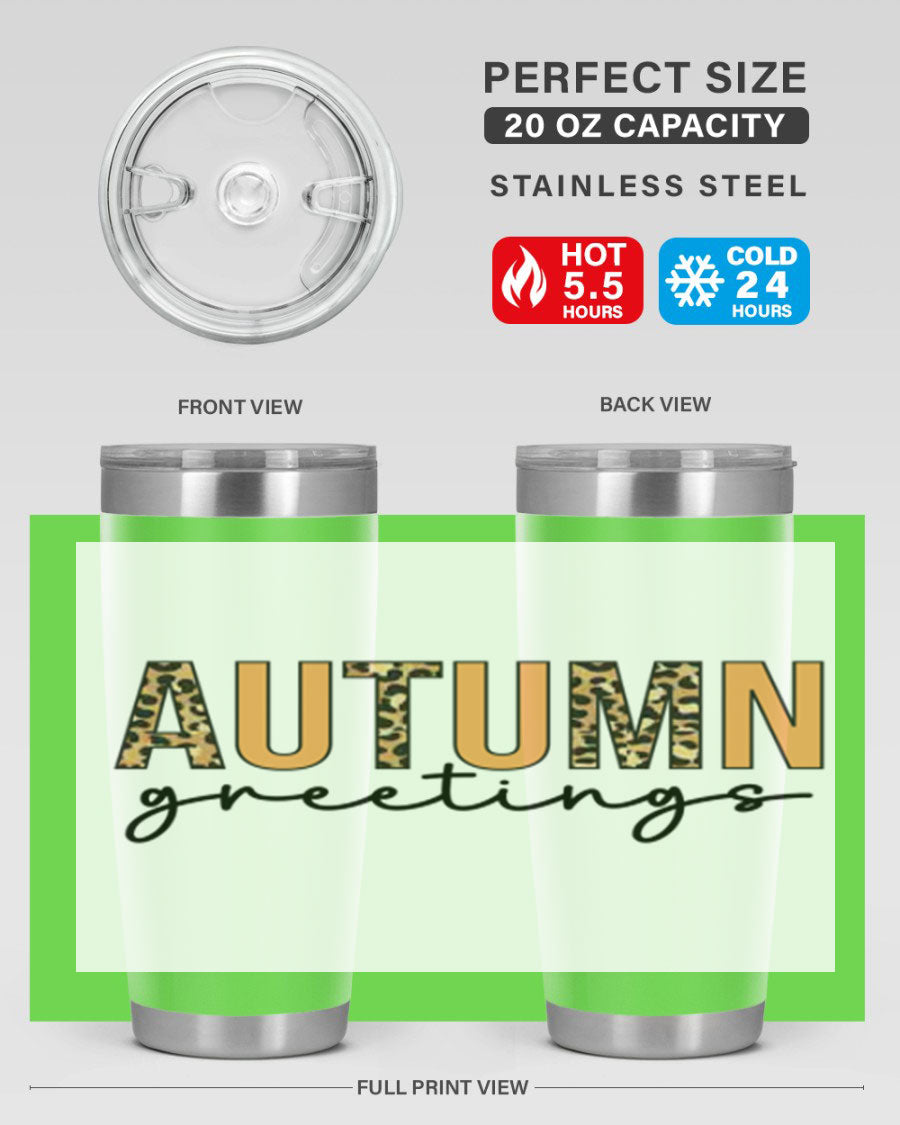 Autumn Greetings Tumbler featuring fall-themed design, double wall vacuum stainless steel, and a press-in drink-thru lid.