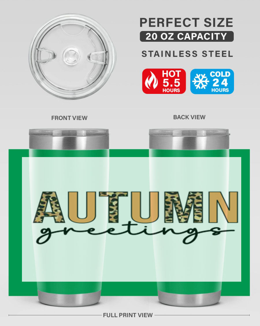 Autumn Greetings Tumbler featuring fall-themed design, double wall vacuum stainless steel, and a press-in drink-thru lid.