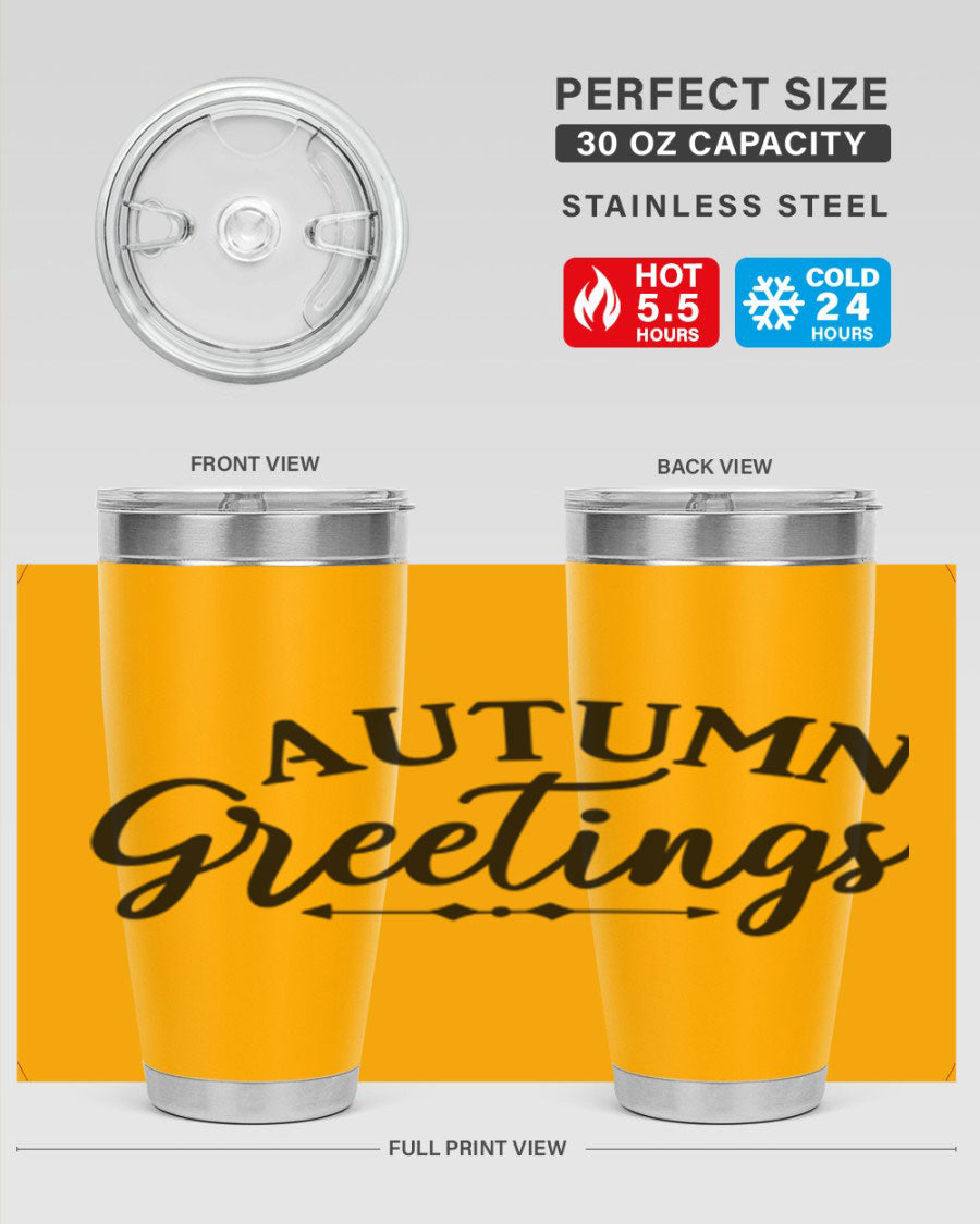 Autumn Greetings 20oz tumbler featuring a vibrant fall design, made of double wall vacuum stainless steel with a drink-thru lid.