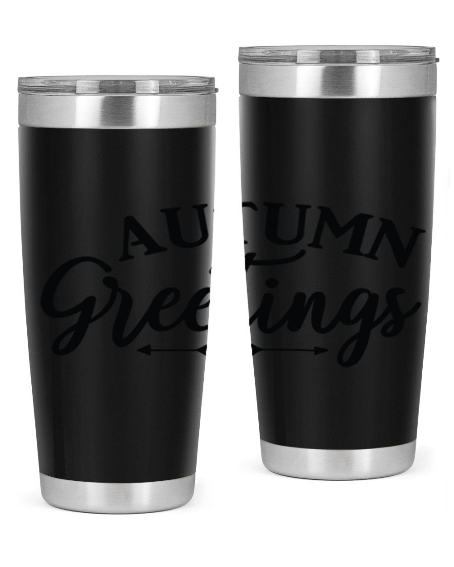 Autumn Greetings 20oz tumbler featuring a vibrant fall design, made of double wall vacuum stainless steel with a drink-thru lid.