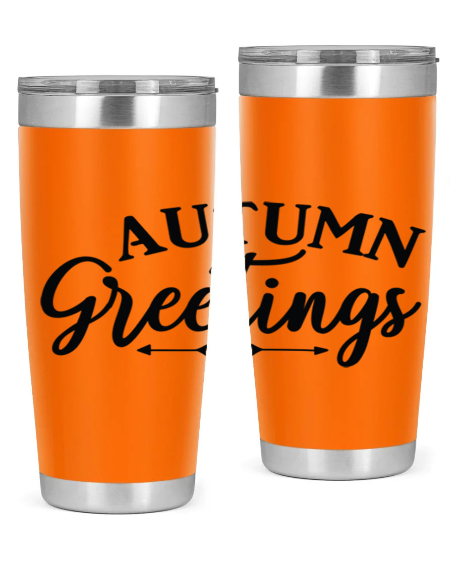 Autumn Greetings 20oz tumbler featuring a vibrant fall design, made of double wall vacuum stainless steel with a drink-thru lid.