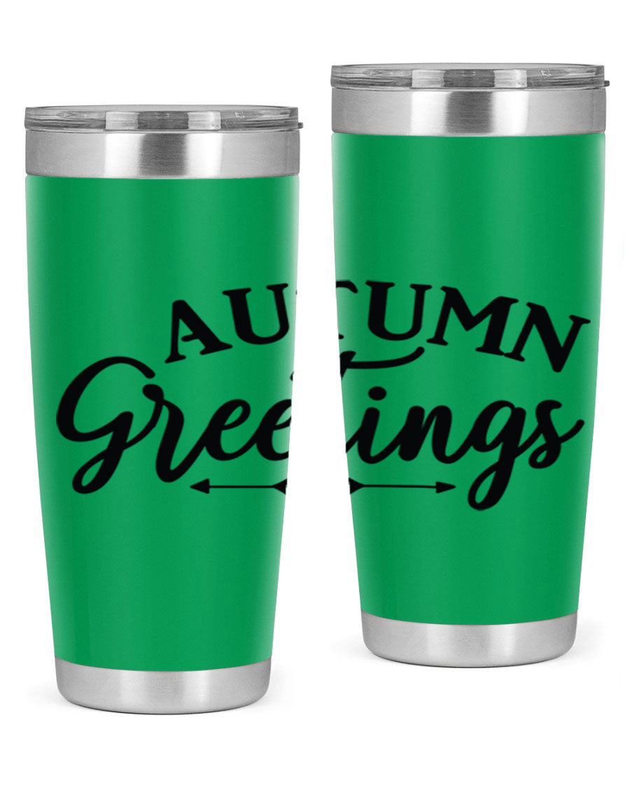 Autumn Greetings 20oz tumbler featuring a vibrant fall design, made of double wall vacuum stainless steel with a drink-thru lid.