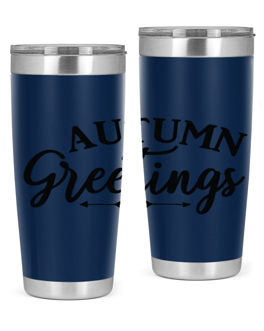 Autumn Greetings 20oz tumbler featuring a vibrant fall design, made of double wall vacuum stainless steel with a drink-thru lid.