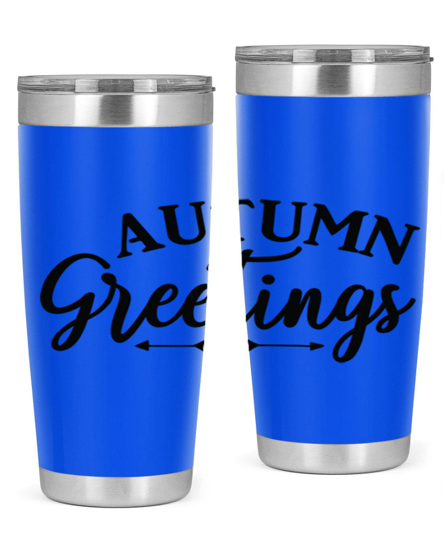 Autumn Greetings 20oz tumbler featuring a vibrant fall design, made of double wall vacuum stainless steel with a drink-thru lid.