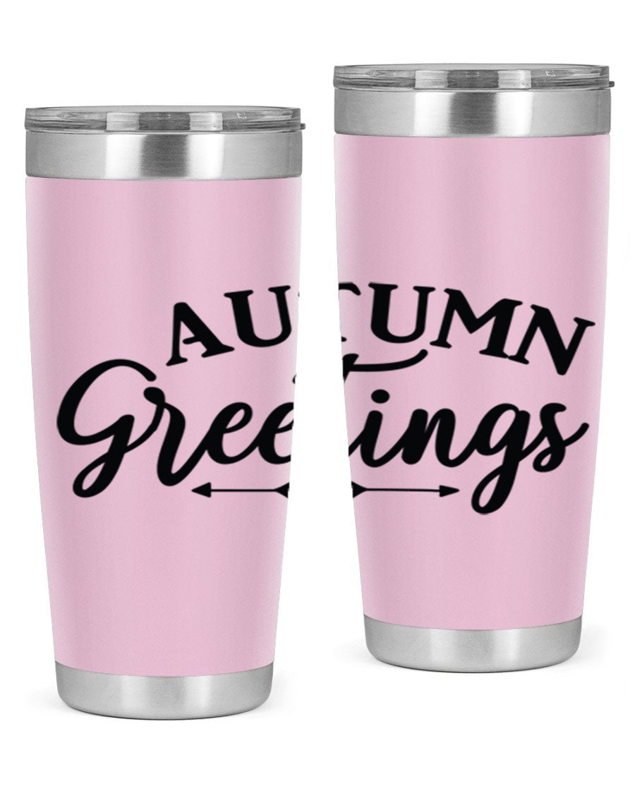 Autumn Greetings 20oz tumbler featuring a vibrant fall design, made of double wall vacuum stainless steel with a drink-thru lid.