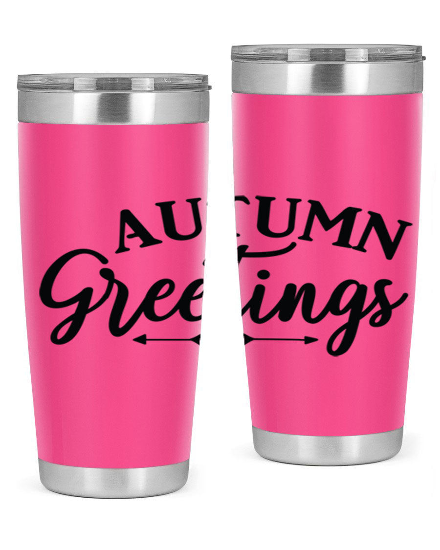 Autumn Greetings 20oz tumbler featuring a vibrant fall design, made of double wall vacuum stainless steel with a drink-thru lid.