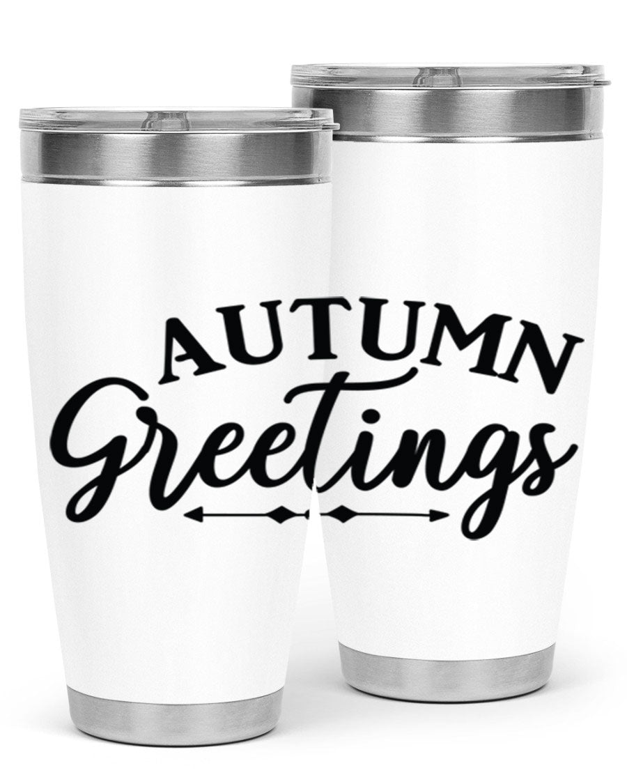 Autumn Greetings 20oz tumbler featuring a vibrant fall design, made of double wall vacuum stainless steel with a drink-thru lid.