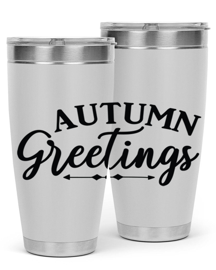 Autumn Greetings 20oz tumbler featuring a vibrant fall design, made of double wall vacuum stainless steel with a drink-thru lid.