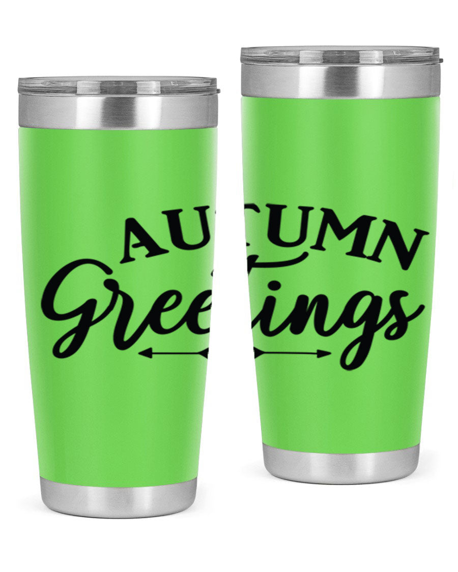 Autumn Greetings 20oz tumbler featuring a vibrant fall design, made of double wall vacuum stainless steel with a drink-thru lid.