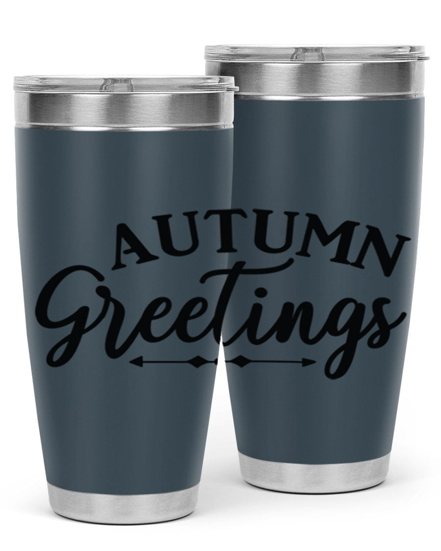 Autumn Greetings 20oz tumbler featuring a vibrant fall design, made of double wall vacuum stainless steel with a drink-thru lid.