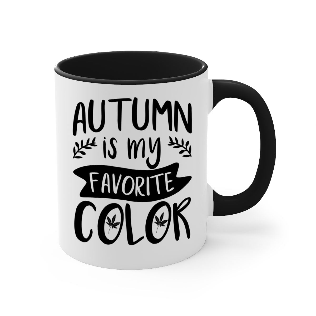 A two-tone ceramic coffee mug featuring the phrase 'Autumn is My Favorite Color' with a glossy finish and a colored handle, available in multiple colors.