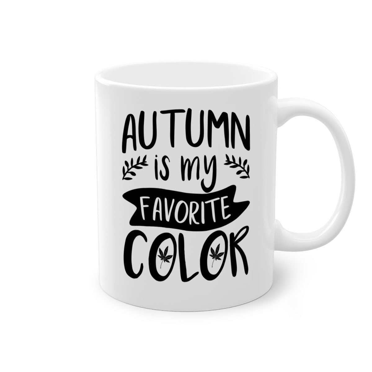 A two-tone ceramic coffee mug featuring the phrase 'Autumn is My Favorite Color' with a glossy finish and a colored handle, available in multiple colors.