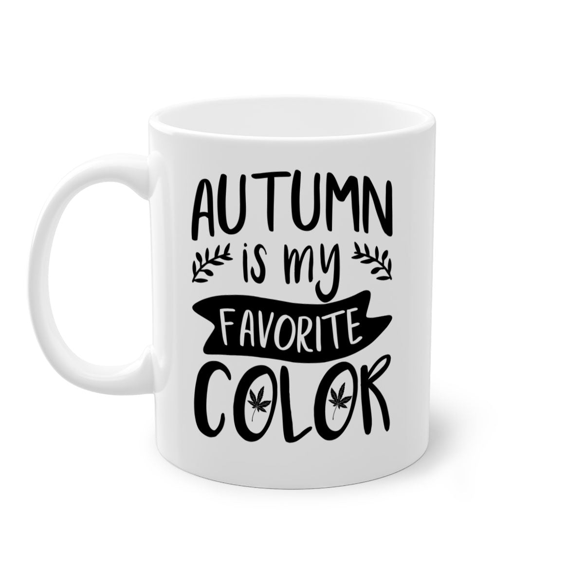 A two-tone ceramic coffee mug featuring the phrase 'Autumn is My Favorite Color' with a glossy finish and a colored handle, available in multiple colors.