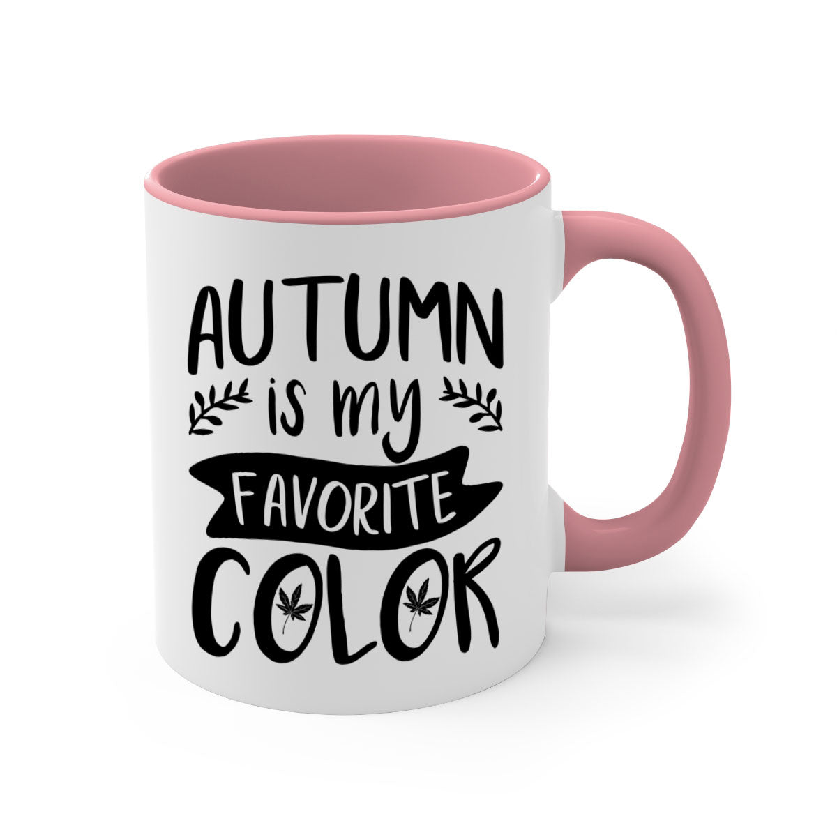 A two-tone ceramic coffee mug featuring the phrase 'Autumn is My Favorite Color' with a glossy finish and a colored handle, available in multiple colors.