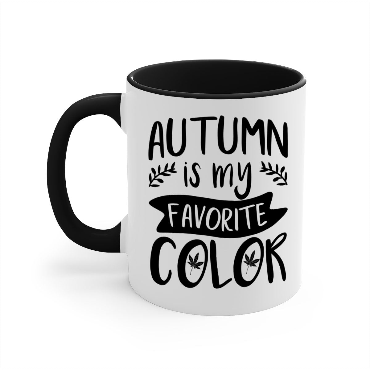 A two-tone ceramic coffee mug featuring the phrase 'Autumn is My Favorite Color' with a glossy finish and a colored handle, available in multiple colors.