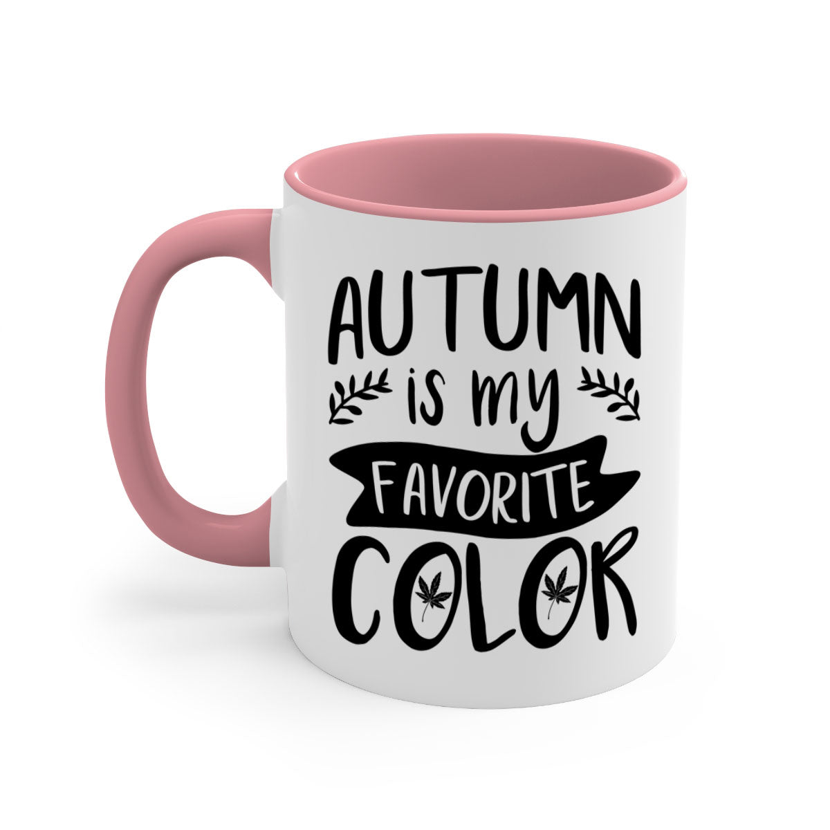 A two-tone ceramic coffee mug featuring the phrase 'Autumn is My Favorite Color' with a glossy finish and a colored handle, available in multiple colors.