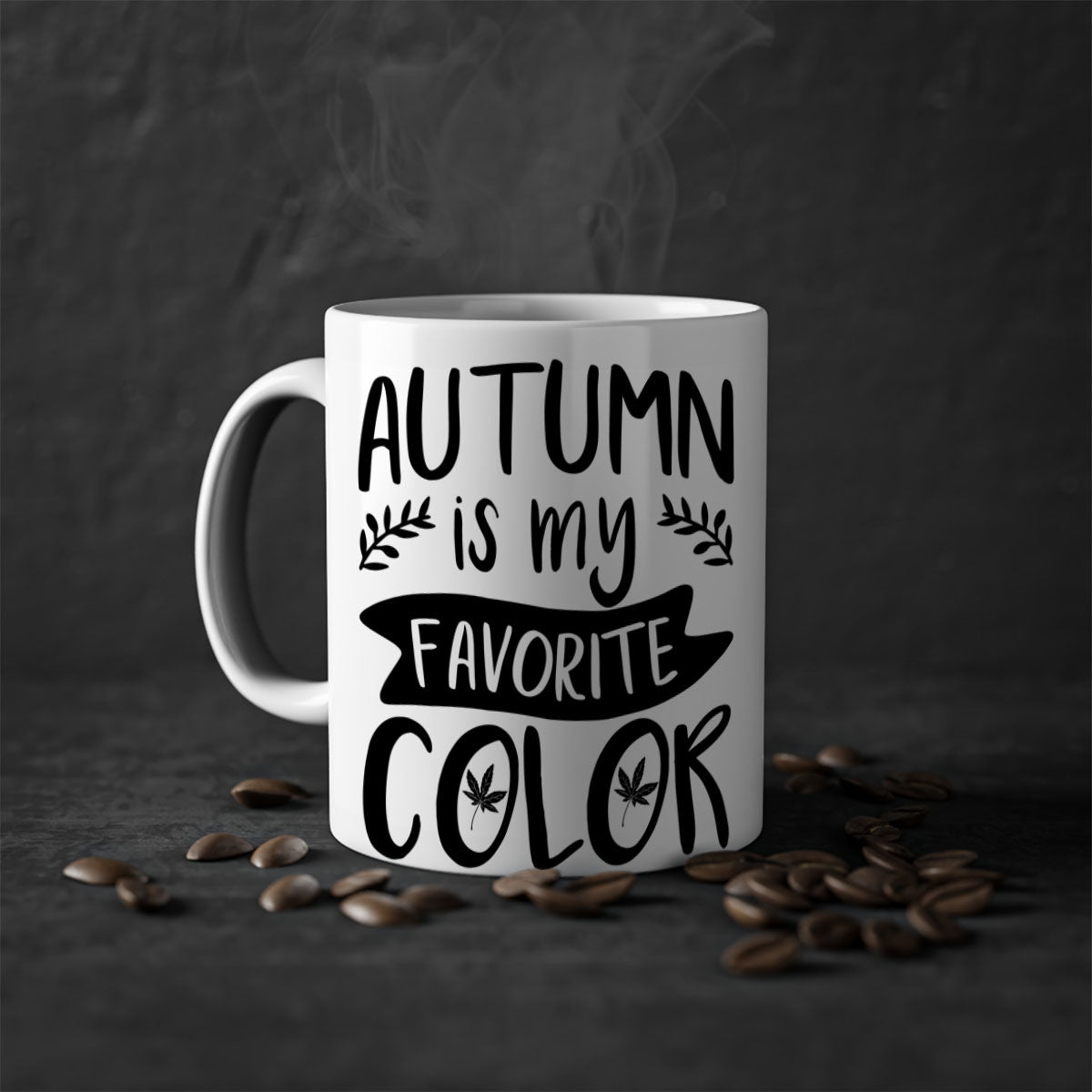 A two-tone ceramic coffee mug featuring the phrase 'Autumn is My Favorite Color' with a glossy finish and a colored handle, available in multiple colors.