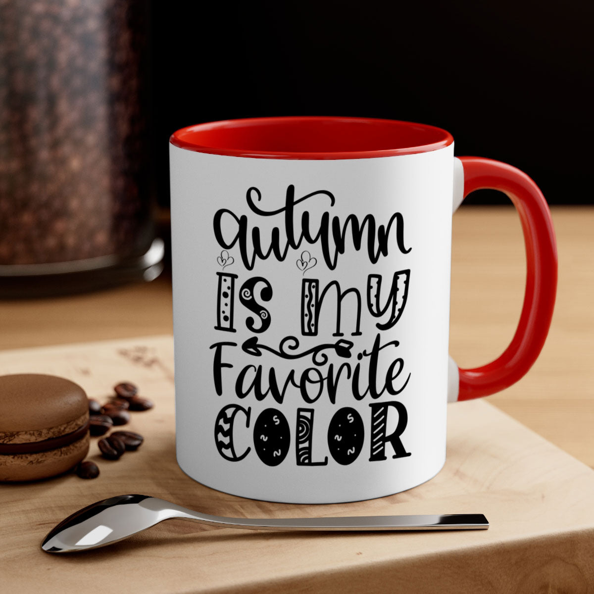 Autumn Is My Favorite Color Mug featuring a glossy finish with a colored handle and interior, available in five vibrant colors.