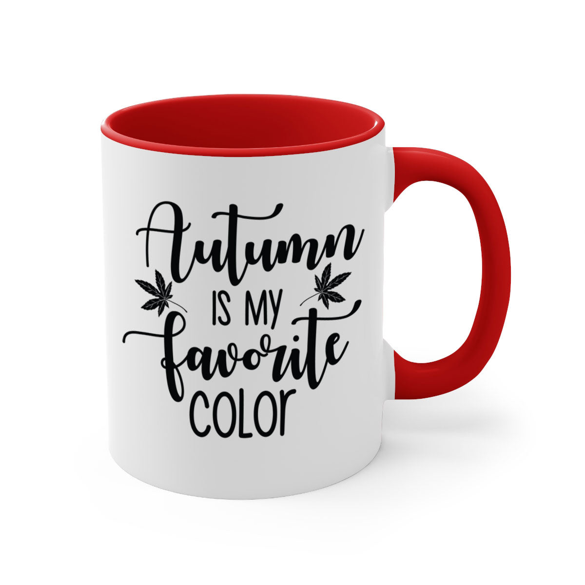 A stylish two-tone ceramic mug with a colored handle and glossy finish, showcasing the phrase 'Autumn Is My Favorite Color'.