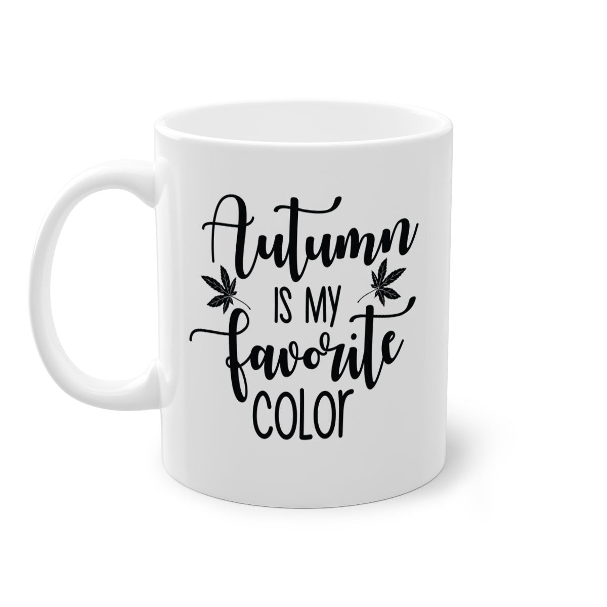 A stylish two-tone ceramic mug with a colored handle and glossy finish, showcasing the phrase 'Autumn Is My Favorite Color'.