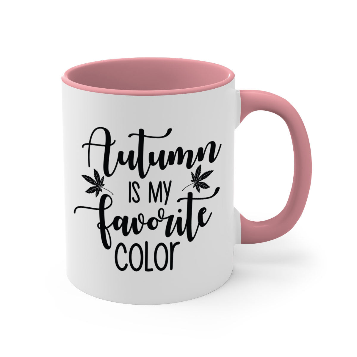 A stylish two-tone ceramic mug with a colored handle and glossy finish, showcasing the phrase 'Autumn Is My Favorite Color'.