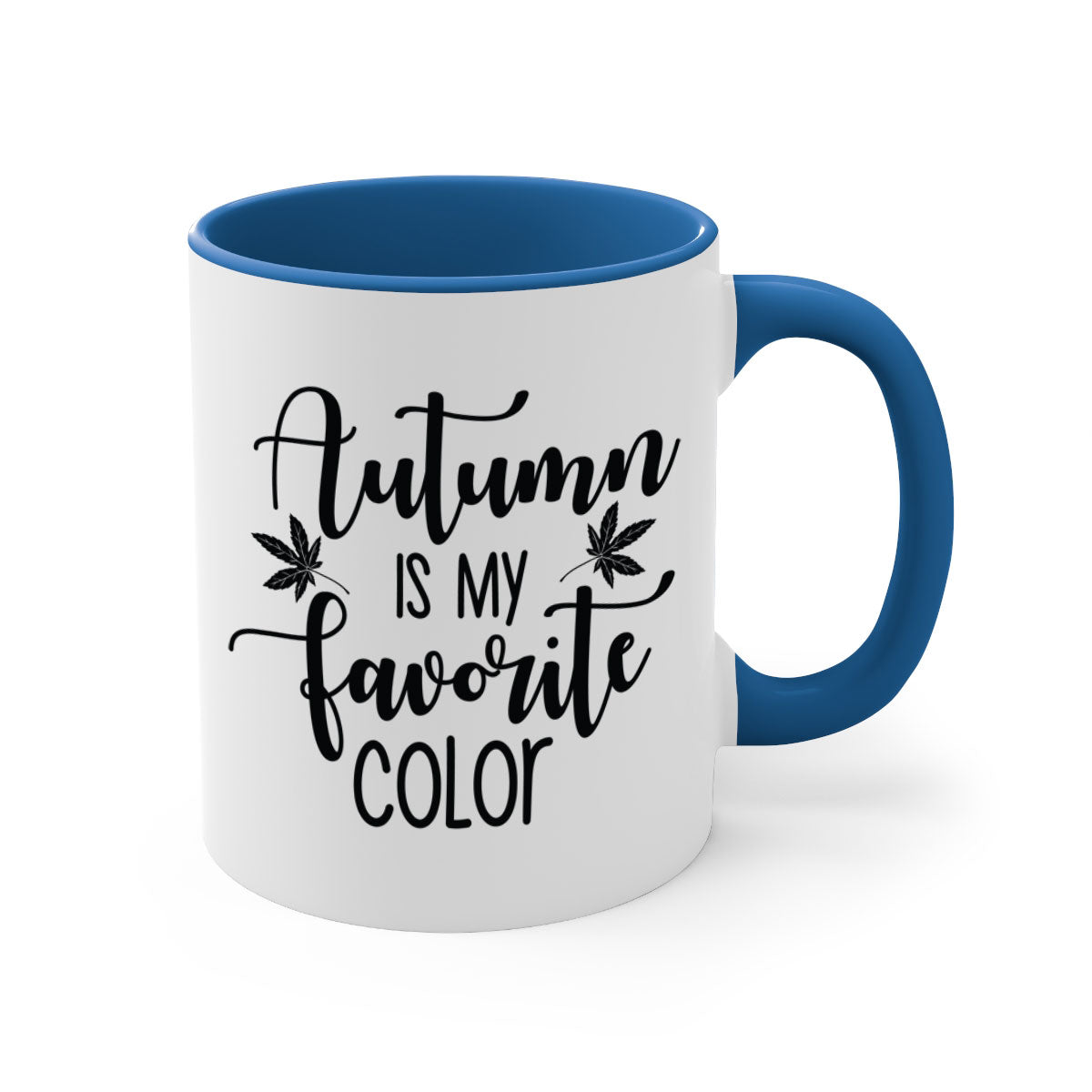 A stylish two-tone ceramic mug with a colored handle and glossy finish, showcasing the phrase 'Autumn Is My Favorite Color'.