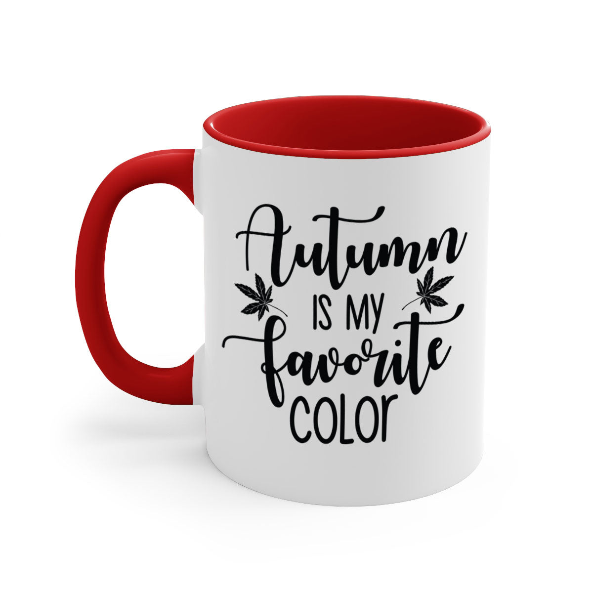 A stylish two-tone ceramic mug with a colored handle and glossy finish, showcasing the phrase 'Autumn Is My Favorite Color'.