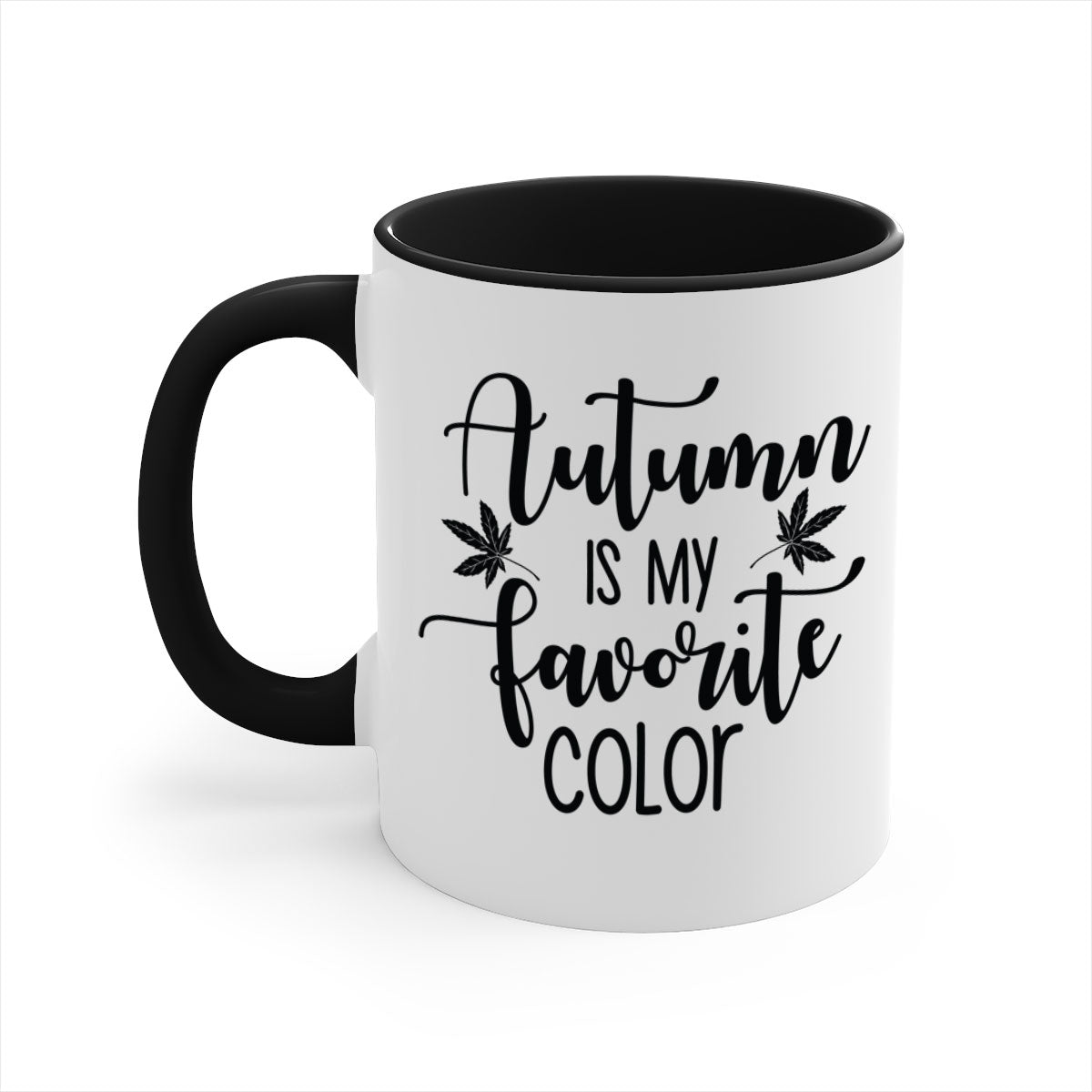 A stylish two-tone ceramic mug with a colored handle and glossy finish, showcasing the phrase 'Autumn Is My Favorite Color'.