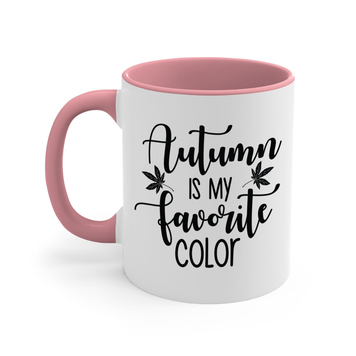 A stylish two-tone ceramic mug with a colored handle and glossy finish, showcasing the phrase 'Autumn Is My Favorite Color'.