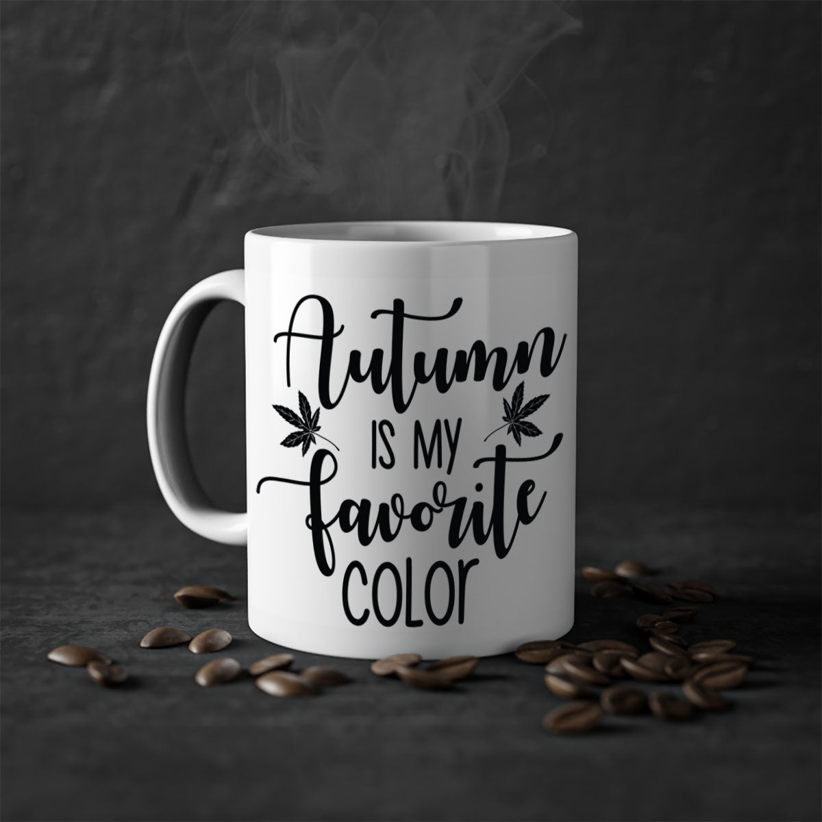 A stylish two-tone ceramic mug with a colored handle and glossy finish, showcasing the phrase 'Autumn Is My Favorite Color'.