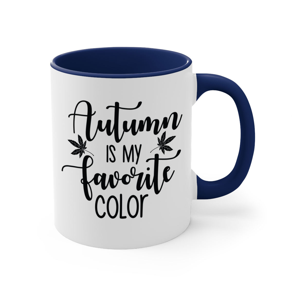 A stylish two-tone ceramic mug with a colored handle and glossy finish, showcasing the phrase 'Autumn Is My Favorite Color'.