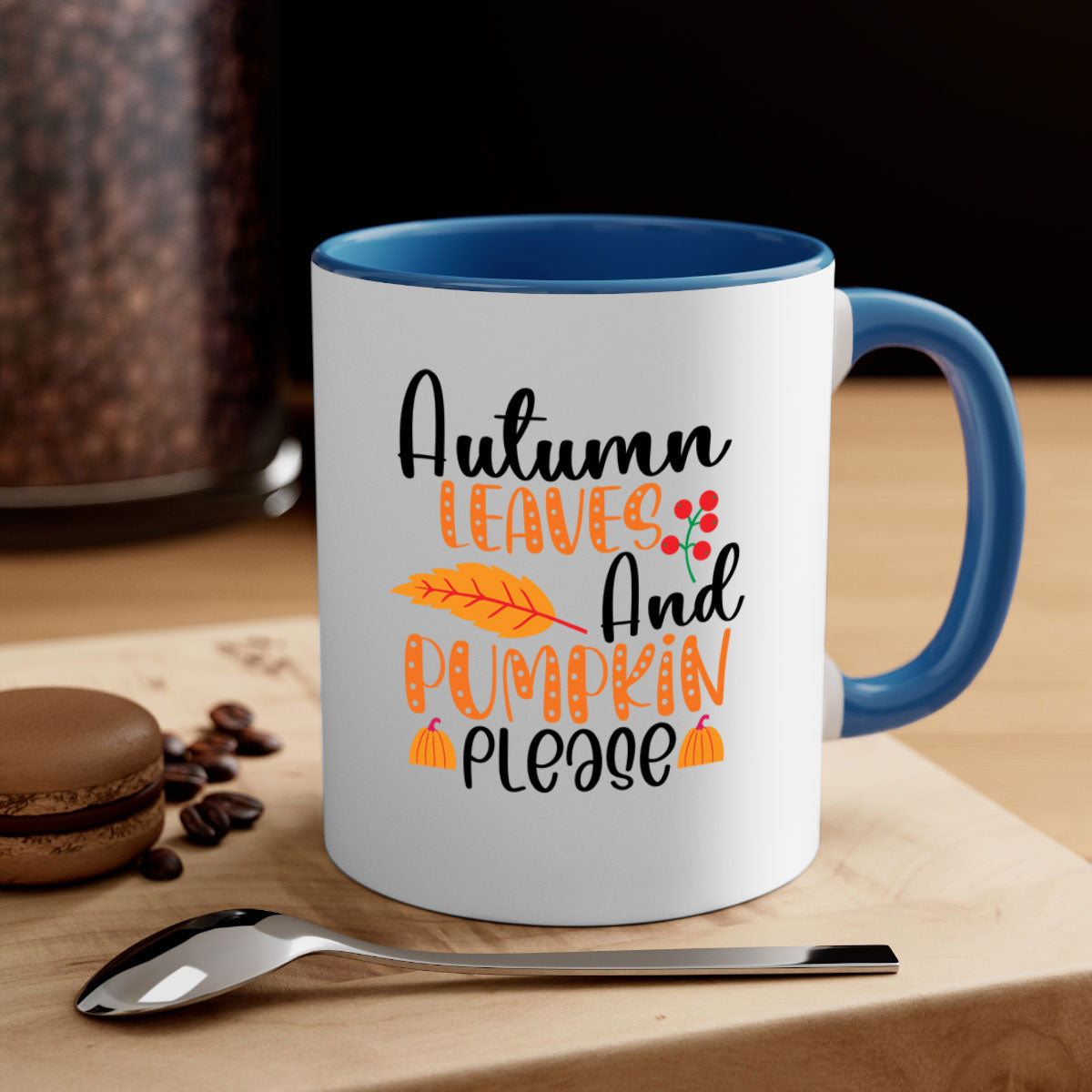 Autumn Leaves And Pumpkin Please Mug with a glossy finish, featuring a two-tone design and a colored handle, perfect for fall beverages.