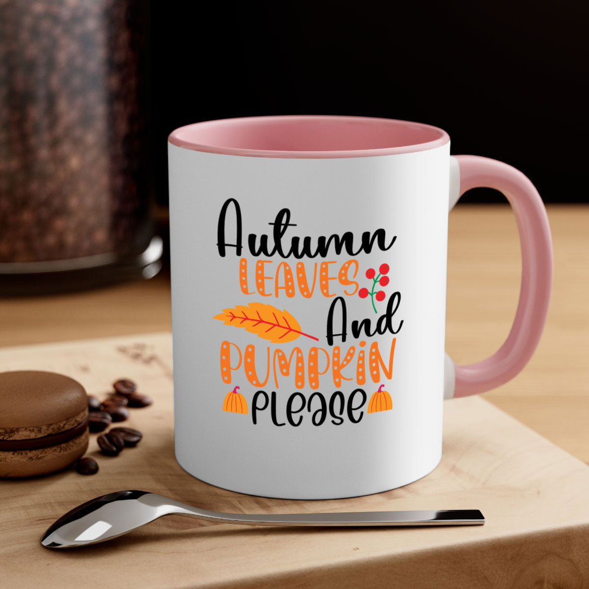 Autumn Leaves And Pumpkin Please Mug with a glossy finish, featuring a two-tone design and a colored handle, perfect for fall beverages.