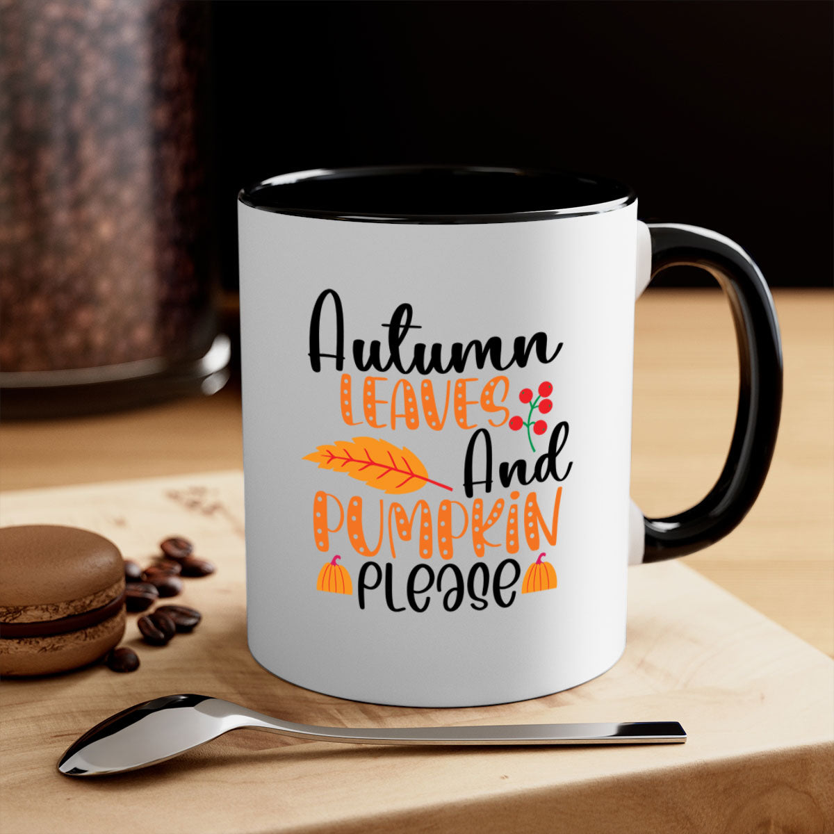 Autumn Leaves And Pumpkin Please Mug with a glossy finish, featuring a two-tone design and a colored handle, perfect for fall beverages.