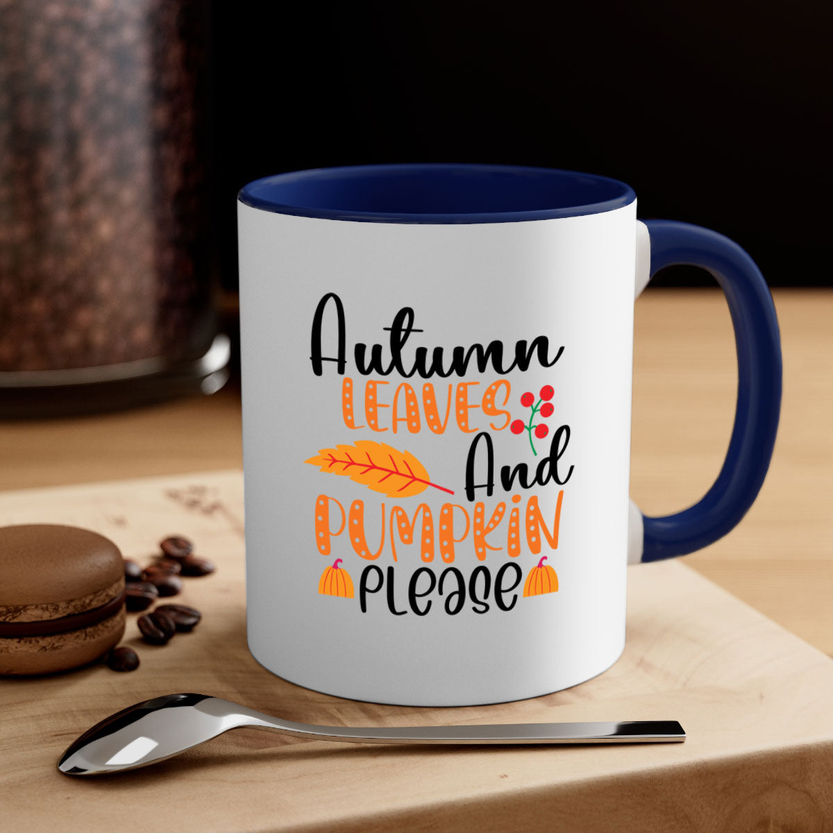 Autumn Leaves And Pumpkin Please Mug with a glossy finish, featuring a two-tone design and a colored handle, perfect for fall beverages.