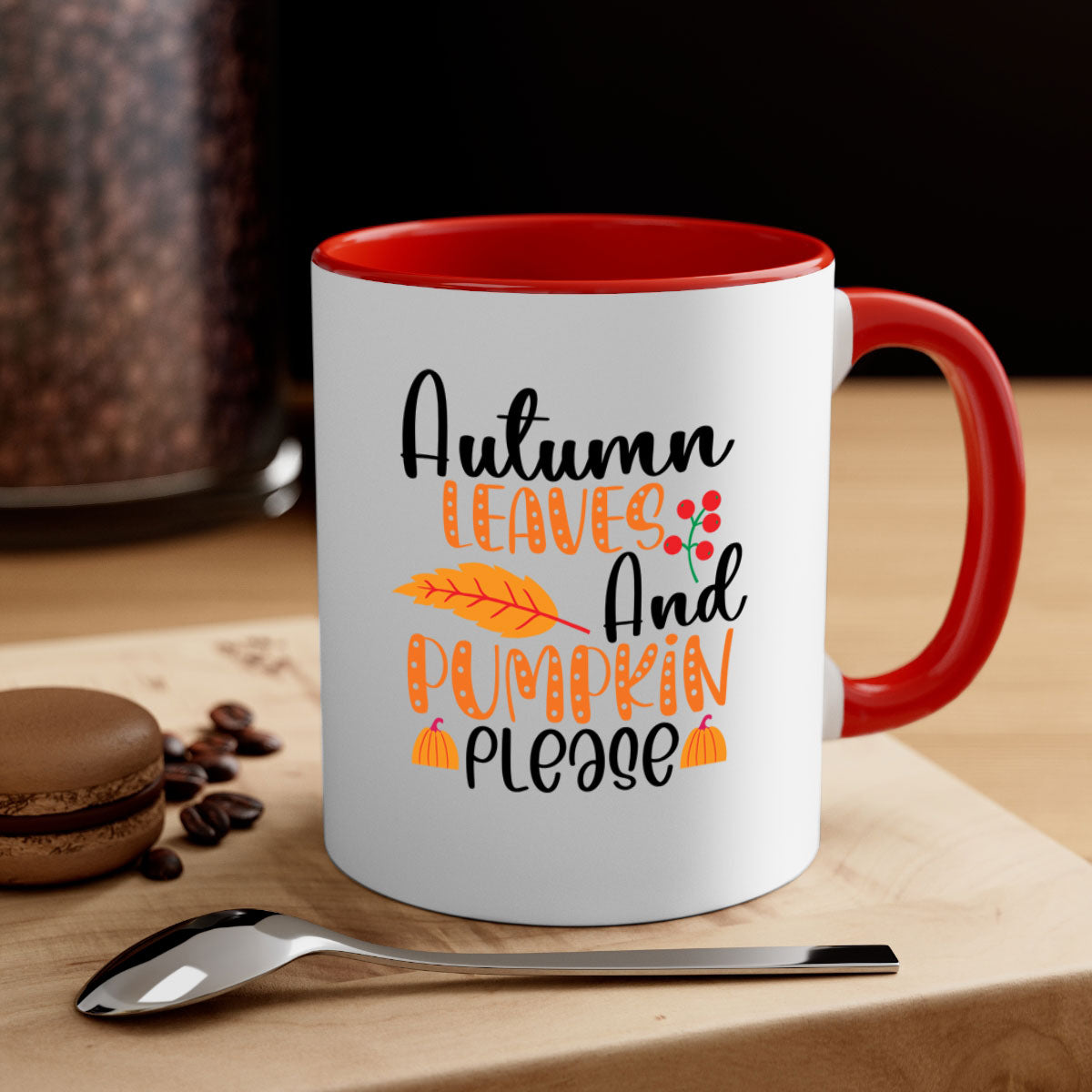 Autumn Leaves And Pumpkin Please Mug with a glossy finish, featuring a two-tone design and a colored handle, perfect for fall beverages.