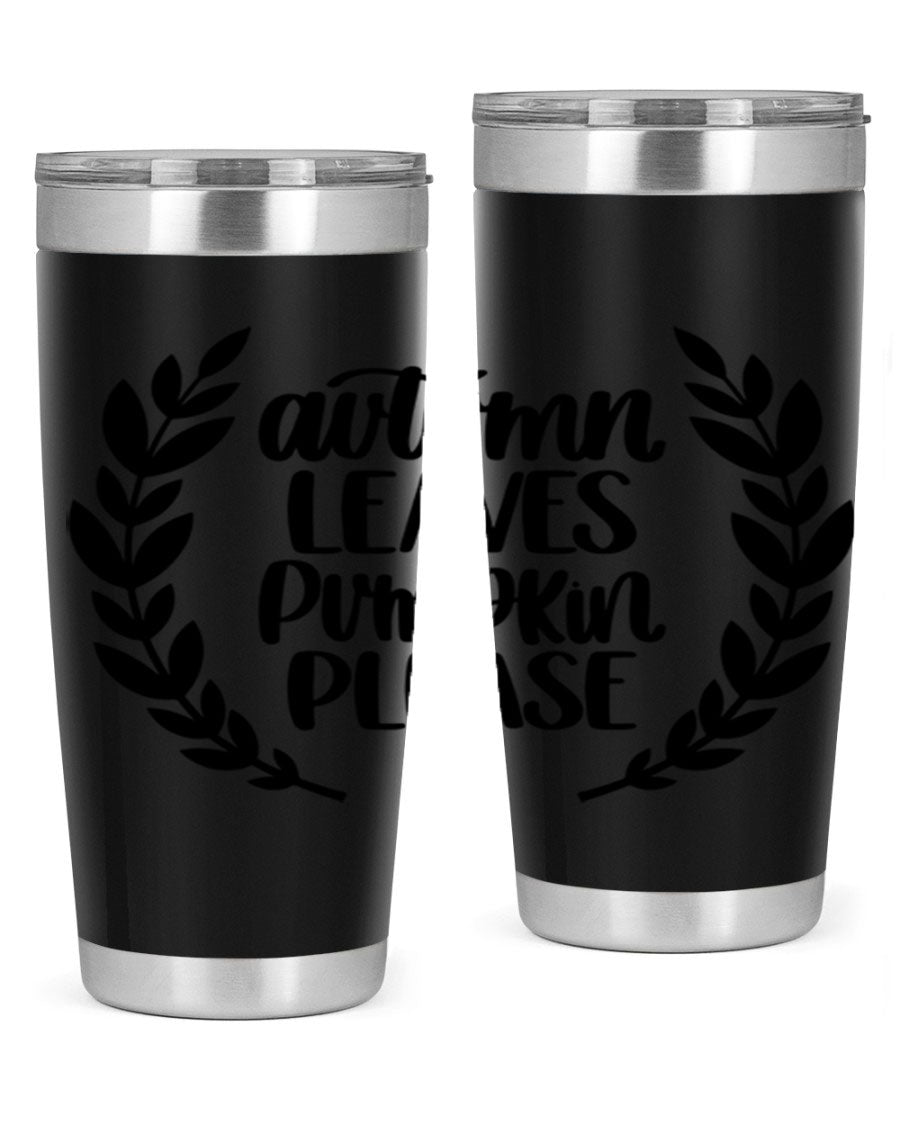 Autumn Leaves Pumpkin Please 476# tumbler featuring a fall-themed design, double wall vacuum stainless steel construction, and a drink-thru lid.