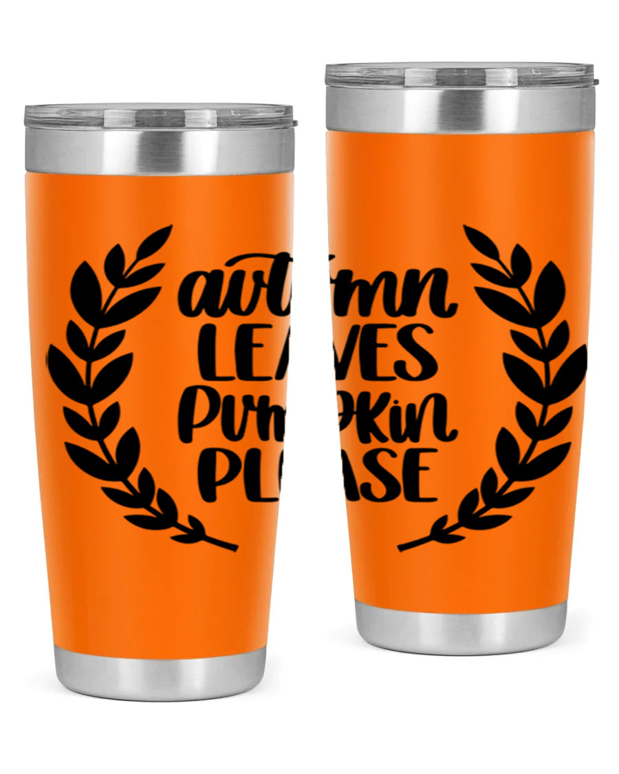 Autumn Leaves Pumpkin Please 476# tumbler featuring a fall-themed design, double wall vacuum stainless steel construction, and a drink-thru lid.