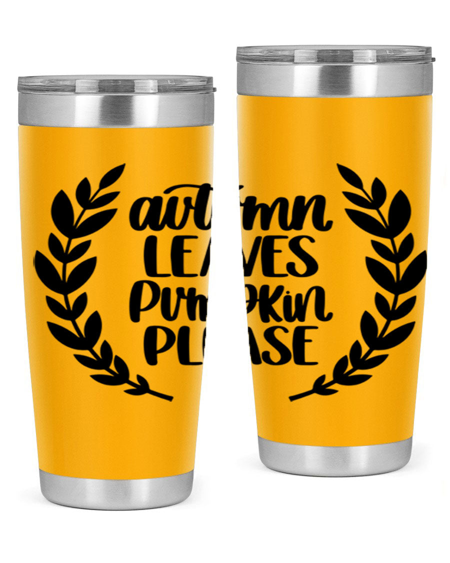 Autumn Leaves Pumpkin Please 476# tumbler featuring a fall-themed design, double wall vacuum stainless steel construction, and a drink-thru lid.