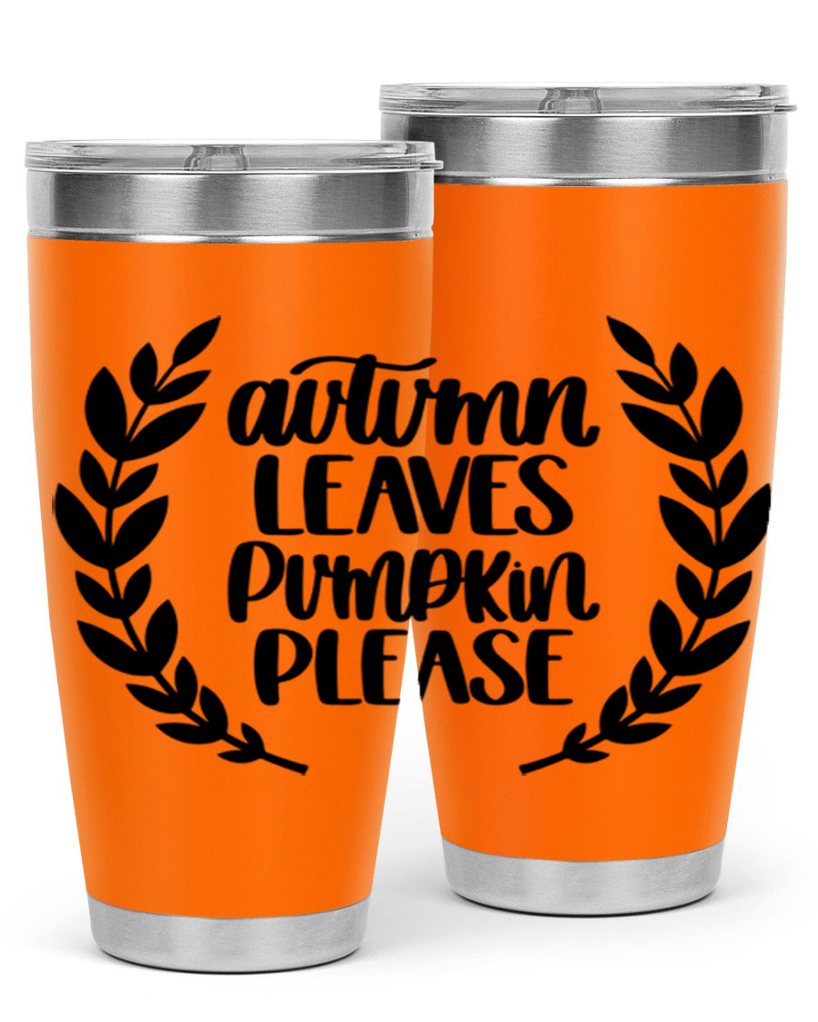 Autumn Leaves Pumpkin Please 476# tumbler featuring a fall-themed design, double wall vacuum stainless steel construction, and a drink-thru lid.