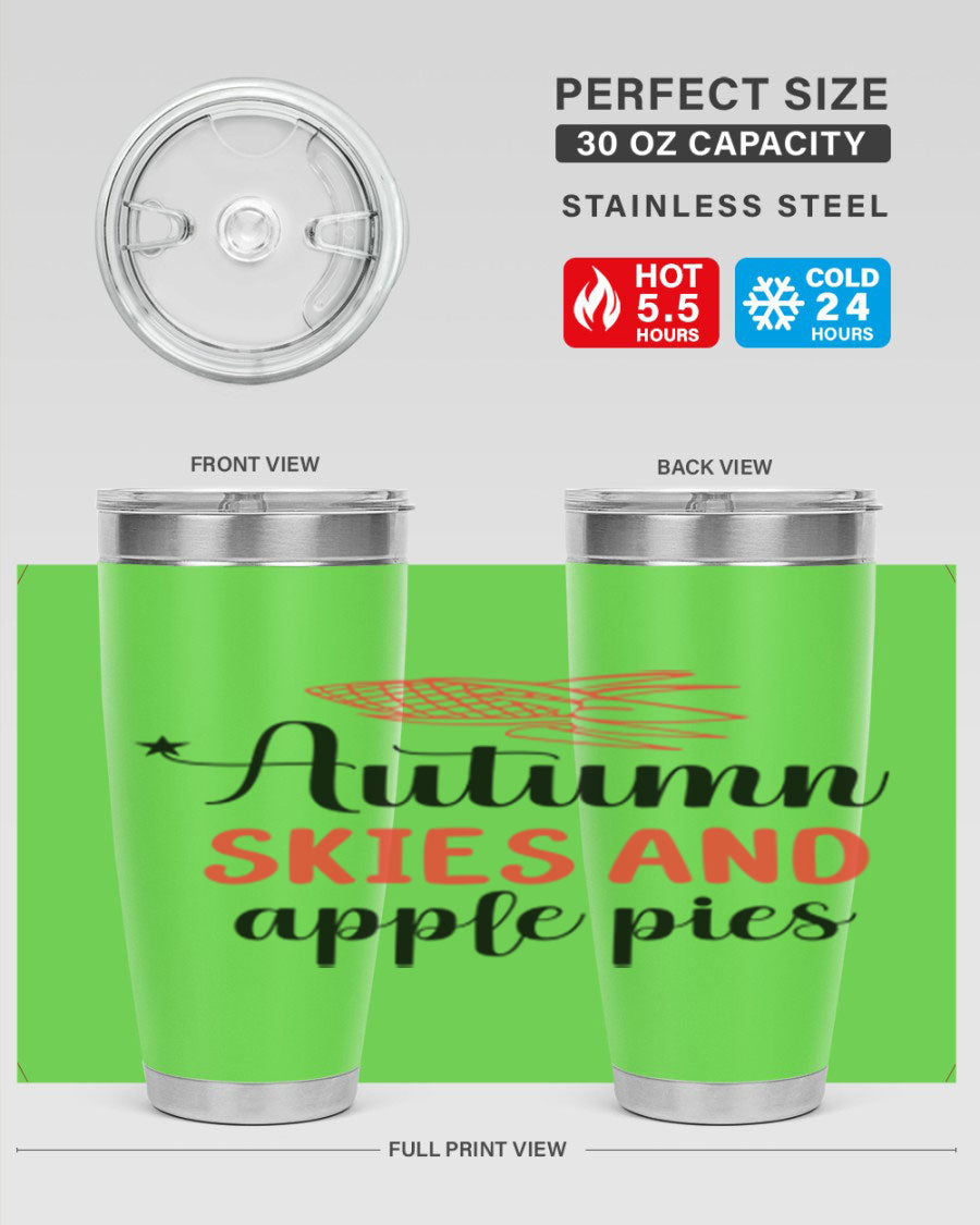 Autumn Skies and Apple Pies 20oz Tumbler featuring a vibrant fall design, double wall vacuum insulation, and a drink-thru lid.