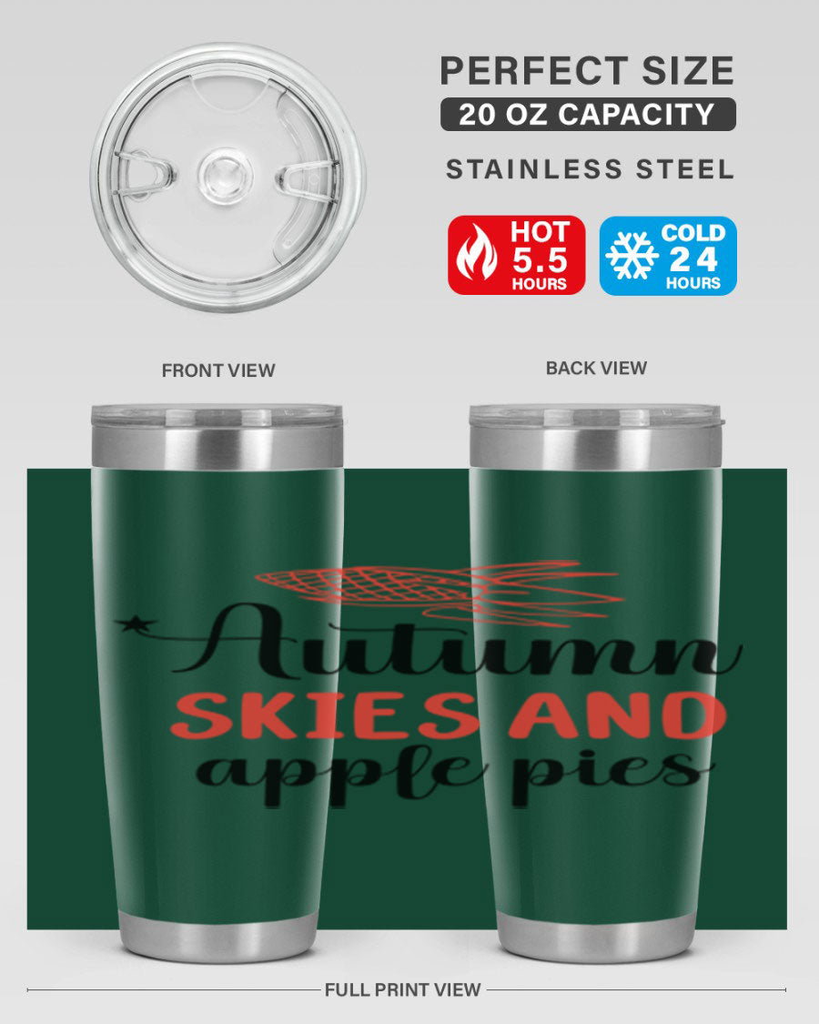 Autumn Skies and Apple Pies 20oz Tumbler featuring a vibrant fall design, double wall vacuum insulation, and a drink-thru lid.