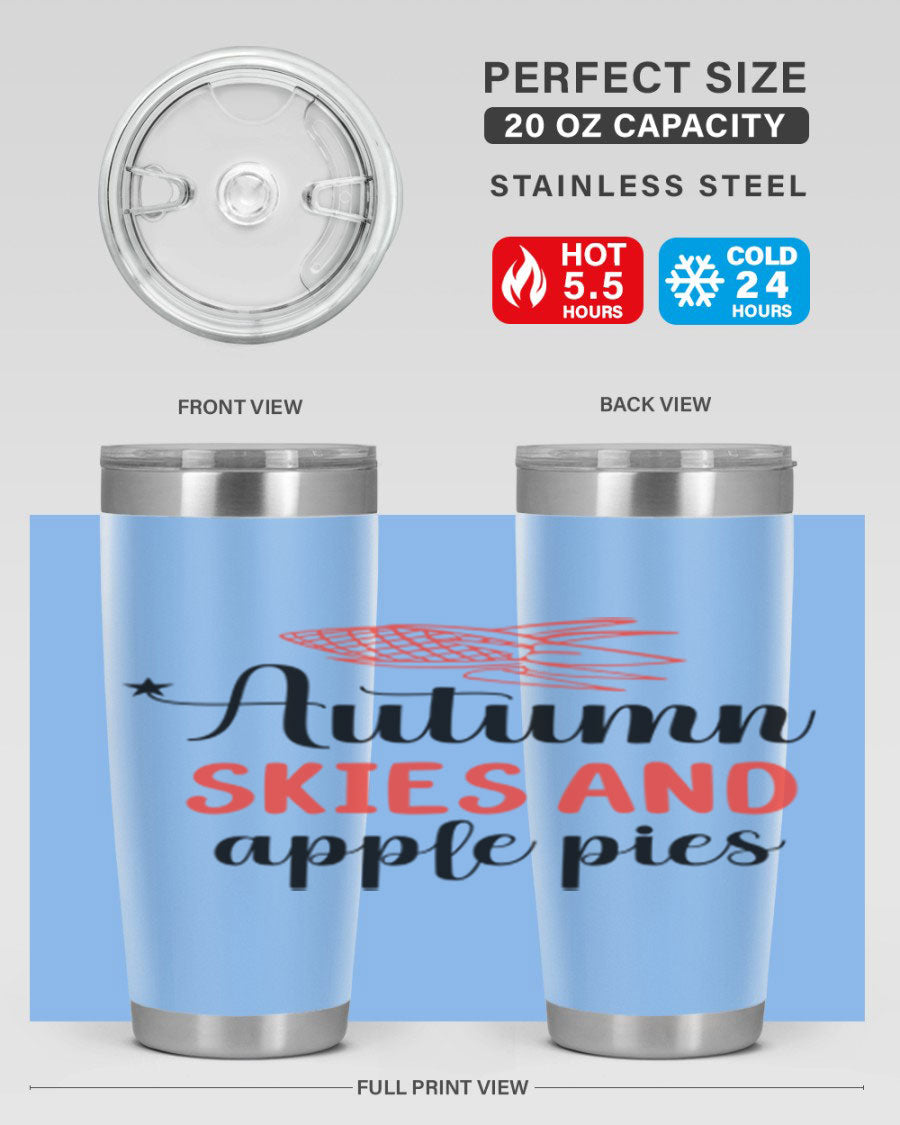 Autumn Skies and Apple Pies 20oz Tumbler featuring a vibrant fall design, double wall vacuum insulation, and a drink-thru lid.