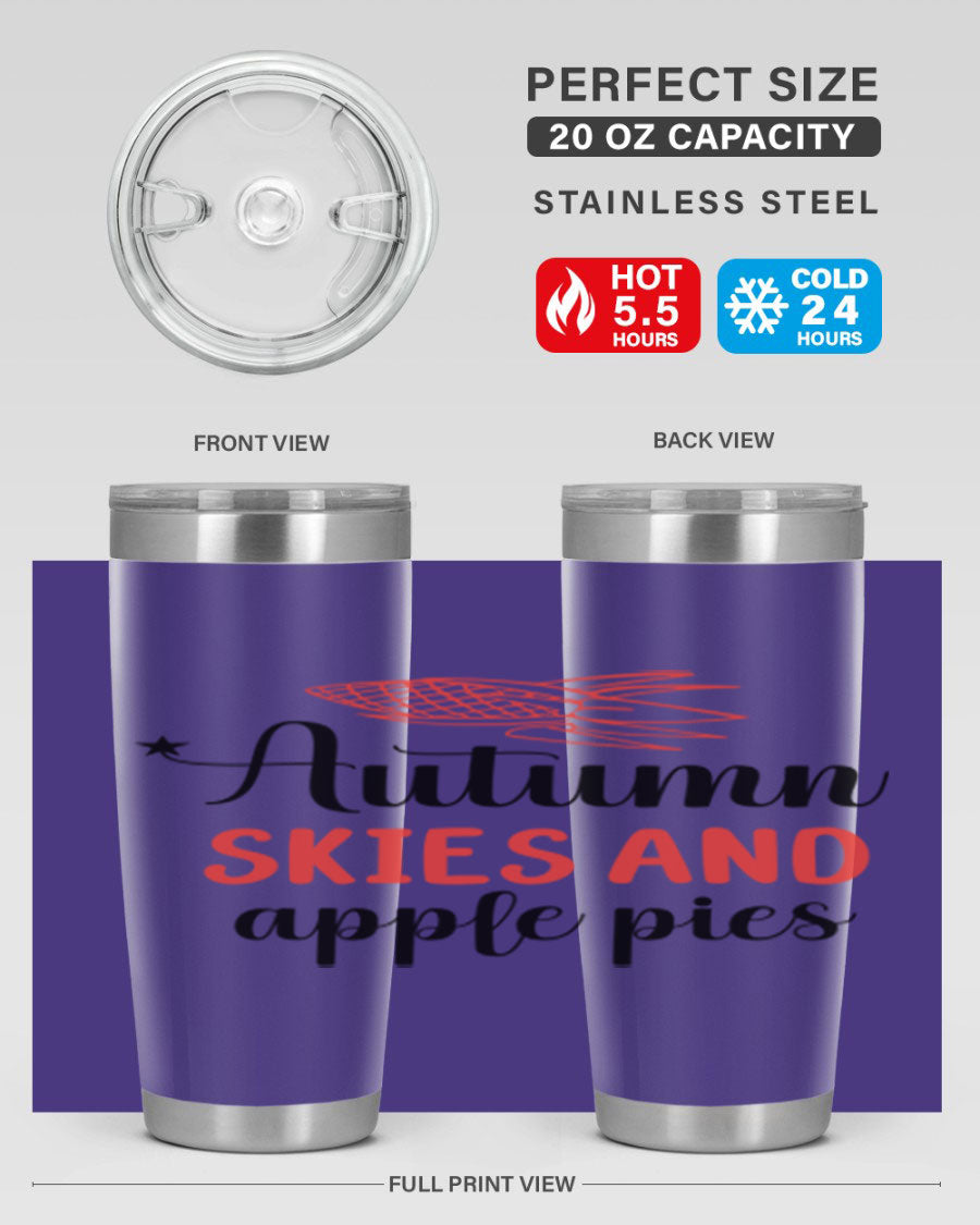 Autumn Skies and Apple Pies 20oz Tumbler featuring a vibrant fall design, double wall vacuum insulation, and a drink-thru lid.