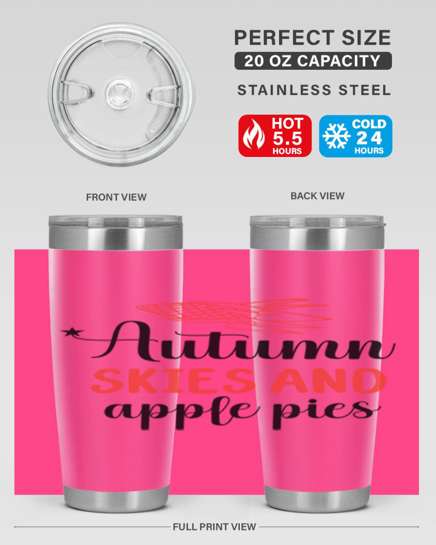 Autumn Skies and Apple Pies 20oz Tumbler featuring a vibrant fall design, double wall vacuum insulation, and a drink-thru lid.