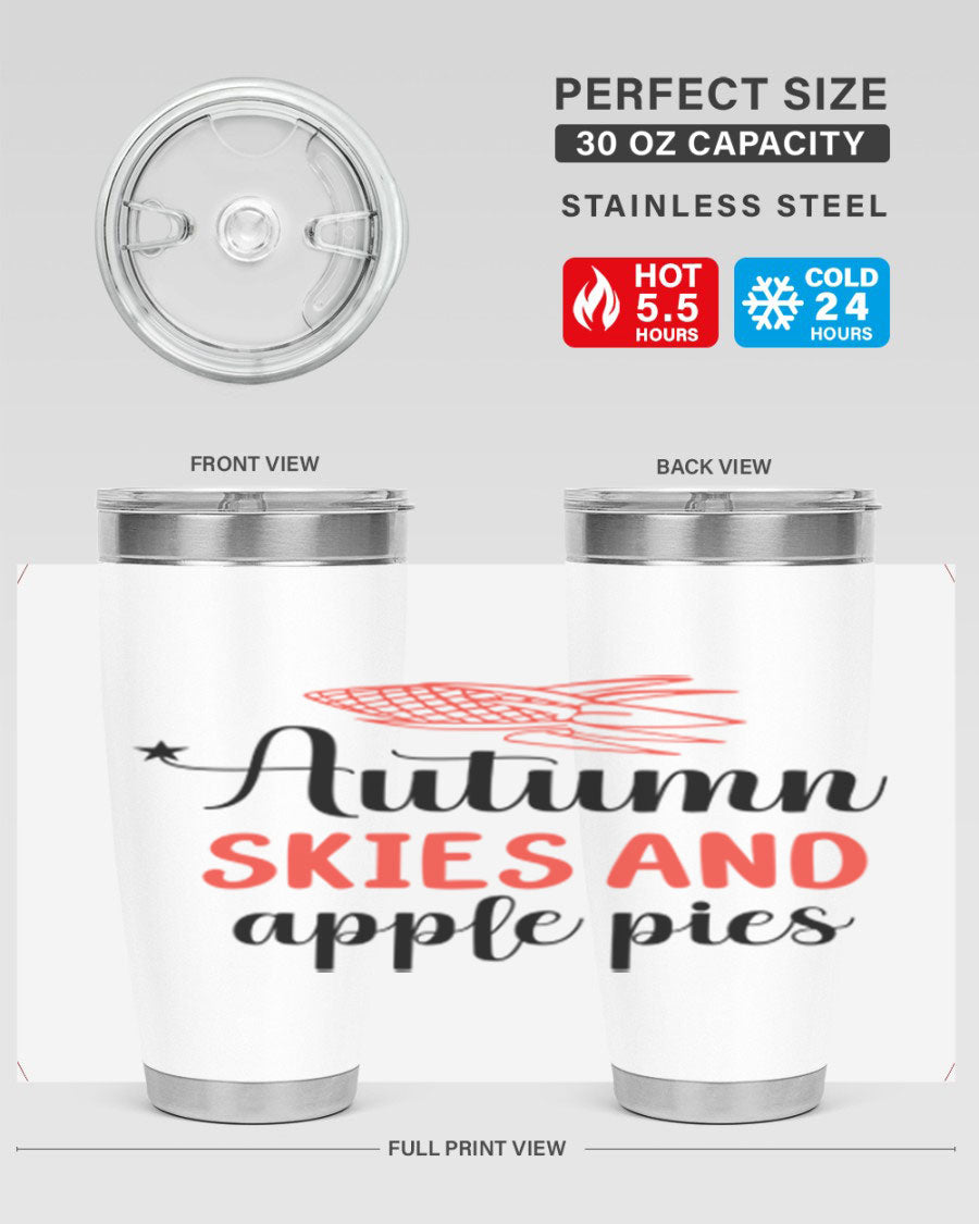 Autumn Skies and Apple Pies 20oz Tumbler featuring a vibrant fall design, double wall vacuum insulation, and a drink-thru lid.