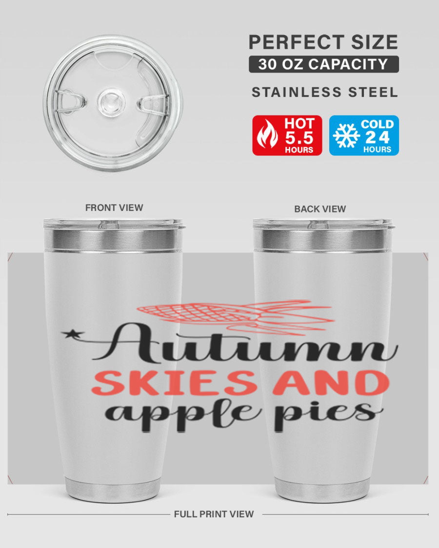 Autumn Skies and Apple Pies 20oz Tumbler featuring a vibrant fall design, double wall vacuum insulation, and a drink-thru lid.