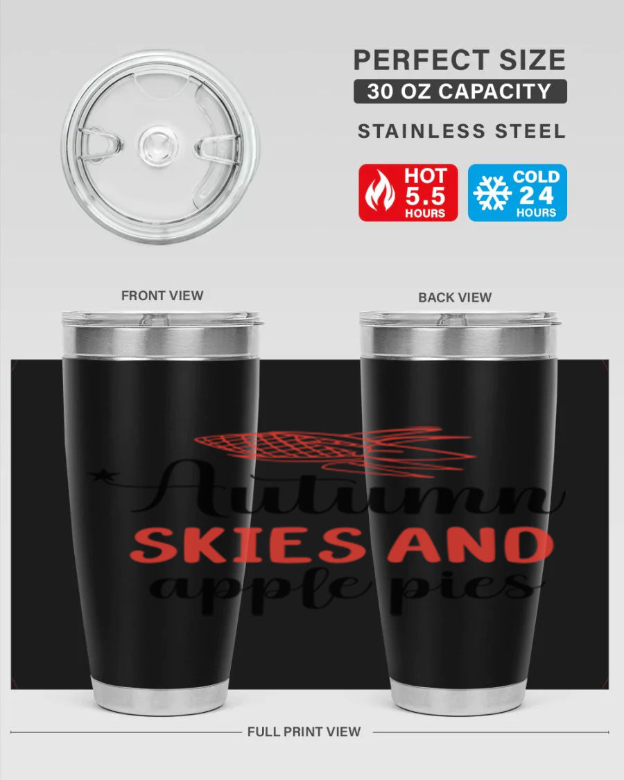 Autumn Skies and Apple Pies 20oz Tumbler featuring a vibrant fall design, double wall vacuum insulation, and a drink-thru lid.